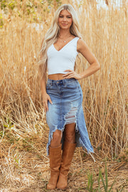 Distressed Raw Hem Denim Midi Skirt