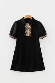 Leopard Patchwork Zip Collar Mini Dress – Black