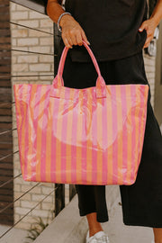 Rose Red Glossy Striped Oversized Tote Bag