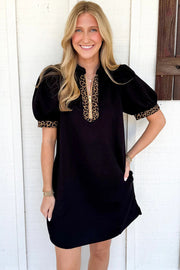 Leopard Patchwork Zip Collar Mini Dress – Black