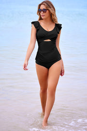 Ruffle Detail Cutout Tankini Set – Black
