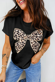 Leopard Bow Embroidered Tee – Black