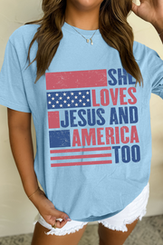 She Loves Jesus & America Too” Graphic Tee – Light Blue