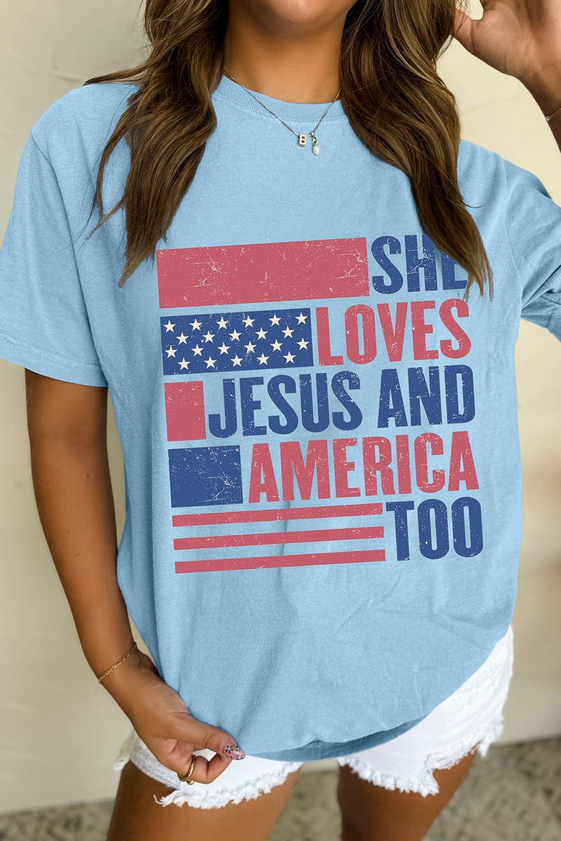 She Loves Jesus & America Too” Graphic Tee – Light Blue