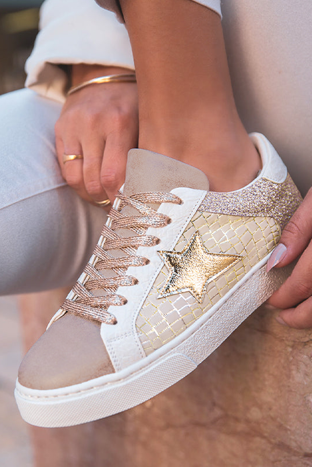 Glitter Star Patchwork Lace-Up Sneakers – Gold