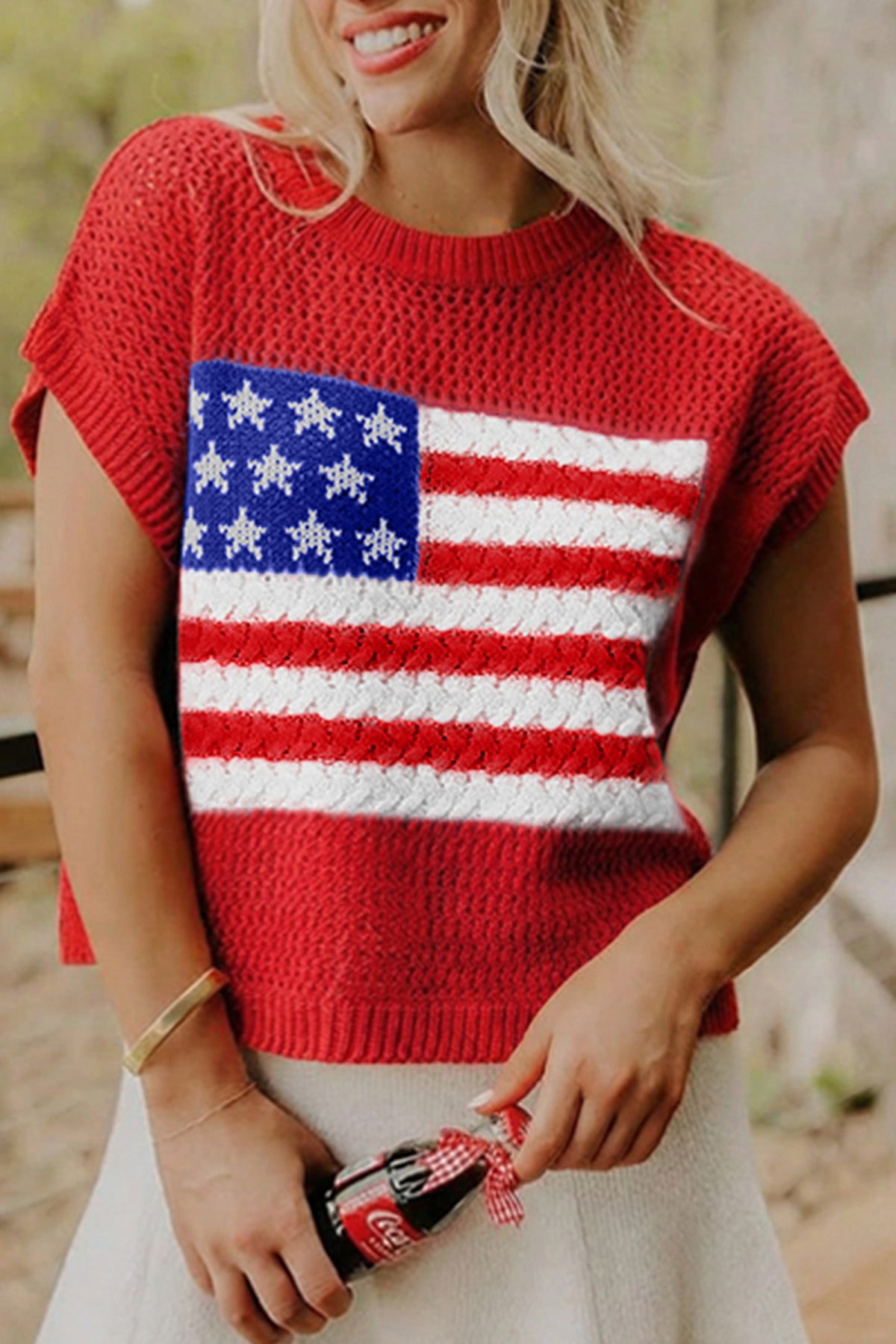 American Flag Short Sleeve Sweater Top – Red