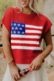 American Flag Short Sleeve Sweater Top – Red
